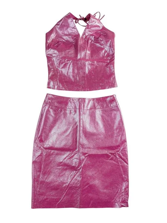 Rare Vintage Y2K Express Hot Pink 100% Leather Halter Top Skirt Set Sz XS Fest - Picture 1 of 16
